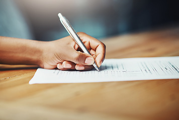 Image showing Hand, paperwork and pen writing on document for legal contract, loan application or insurance agreement. Person, checklist and information survey for documentation, policy compliance or data report