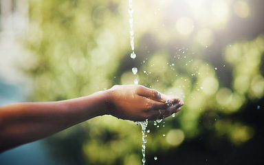 Image showing Hands, water splash and cleaning in nature outdoor for hygiene, health and wellness for hydration on mockup. Aqua, hand and person washing for care, bacteria and prevent germs, dirt or dust outside.