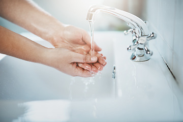 Image showing Woman, clean and washing hand with water at home for wellness, cleaning and hygiene in sink. Wash, hands and skincare to remove bacteria for self care, disinfection, health and safety at a house.