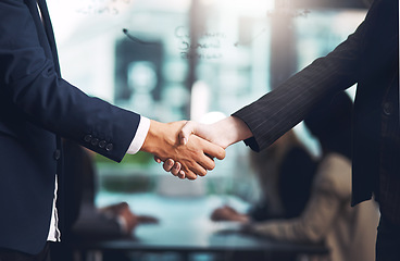 Image showing Handshake, interview and hands of business people in a meeting for a deal, contract or partnership. Thank you, trust and corporate employees shaking hands for networking, recruitment or welcome