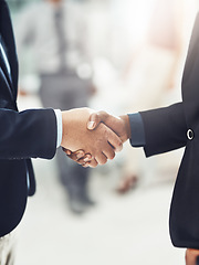 Image showing Business people, handshake and meeting in partnership, deal or b2b agreement at the office. Businessman shaking hands for hiring, recruitment or corporate growth in teamwork, welcome or introduction