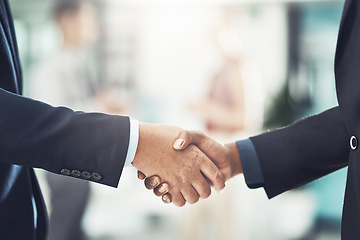 Image showing Business people, handshake and meeting for hiring, partnership or deal in b2b agreement at office. Businessman shaking hands for recruitment or corporate growth in teamwork, welcome or introduction