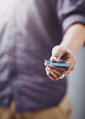 Image showing Man, hand and credit card for online shopping, checkout or payment and purchase at retail store. Closeup of male person, hands or customer showing debit for finance, transaction or banking to pay