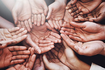 Image showing Open hands, group and together with community, solidarity and support. Trust, teamwork and charity hands gesture with people and collaboration with crowd show palm and society union and commitment