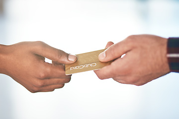 Image showing Hands, payment and finance with a card retail or shopping between a customer and teller in a store closeup. Money, sale and membership with a person spending their budget in a mall for consumerism