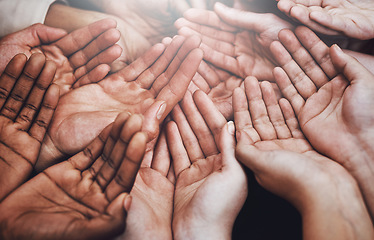 Image showing Open hands, diversity and help together with community, solidarity and support. Trust, faith and charity hands gesture with people and collaboration with crowd show palm and society and commitment