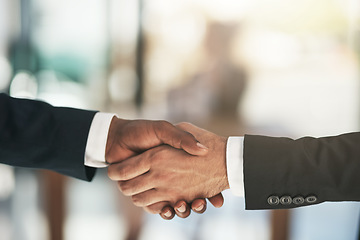 Image showing Handshake, partnership and b2b with business people in the office for an agreement or deal together. Thank you, interview and welcome with corporate men shaking hands for greeting during a meeting