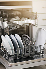 Image showing Backgrounds, dishwasher and machine for cleaning dishes, washing, dirty kitchenware and easy housekeeping process. Closeup of electrical appliance with plates, cups and crockery for hygiene at home