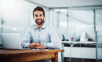 Image showing Laptop, confidence and portrait of businessman in the office doing research online on the internet. Technology, corporate and professional male employee working on project with computer in workplace.