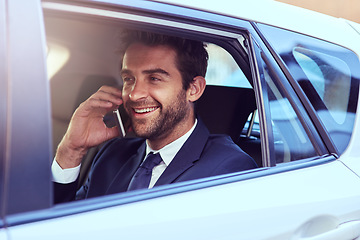 Image showing Phone call, journey and business man in car, talking and speaking to contact. Cellphone, taxi and male professional calling, smile and communication, discussion or conversation in travel transport.