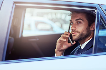 Image showing Phone call, serious and business man in car, thinking and listening on journey. Cellphone, taxi and male professional calling, travel and communication, discussion or conversation in transport mockup