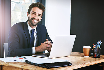 Image showing Computer, portrait and business man in office, happy planning, accounting review or finance mindset with website. Face of professional person, financial expert or accountant working on laptop tech