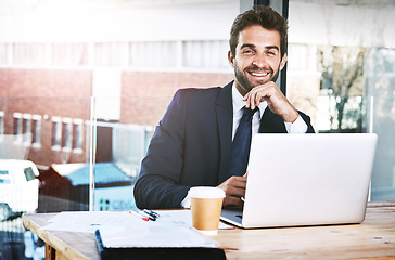 Image showing Laptop, portrait and business man in office, happy planning, online research or project management on web software. Smile, corporate and face of professional person working, startup job and computer