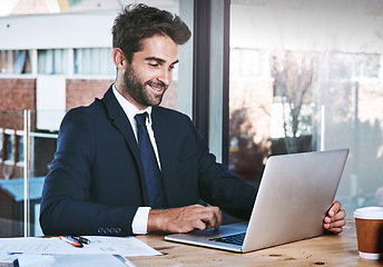 Image showing Laptop, planning and business man reading email, working on website or financial research in office. Data analysis, finance or internet software of professional accountant or happy person on computer