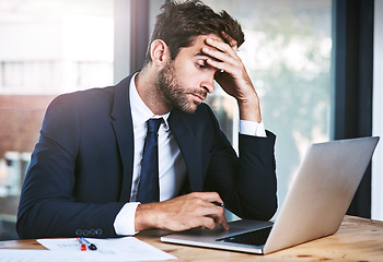 Image showing Business man, stress and headache on laptop fail, news or bankruptcy, finance report and corporate budget risk. Crisis, problem and mistake, burnout or pain of accountant person reading on computer