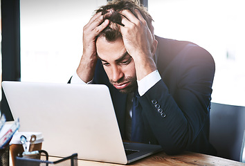 Image showing Stress, frustrated and business man on laptop of news, debt review and finance report, budget risk or job anxiety. Crisis, problem and mistake, glitch or burnout of accountant person fail on computer