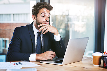 Image showing Business man, stress and anxiety on computer news, feedback or review of finance report, corporate budget or risk. Crisis, problem and mistake, burnout or confused accountant person reading on laptop