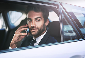 Image showing Phone call, travel and business man in car, thinking and speaking on journey. Cellphone, taxi and male professional calling, listening and communication, discussion or conversation in motor transport
