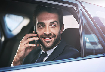 Image showing Phone call, happy and business man in car, thinking and speaking on journey. Cellphone, taxi and male professional calling, smile and communication, discussion or conversation in transport to travel.