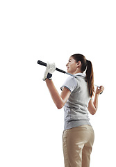 Image showing Fitness, golf and woman athlete in studio contemplating with a steel club equipment for game. Fitness, pensive and professional female golfer thinking about golfing match isolated by white background