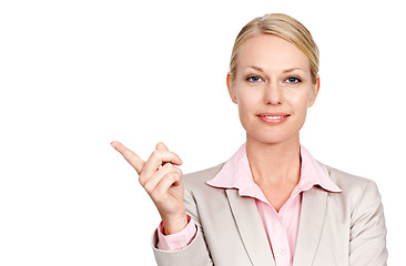 Image showing Portrait, pointing and woman with mockup, business and entrepreneur isolated against white studio background. Face, female person or consultant with hand gesture, decision or opportunity with choices