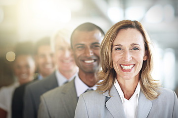 Image showing Happy business woman, portrait and team in leadership, management or diversity at the office. Face of corporate executive or diverse group smiling for teamwork, unity or company vision at workplace