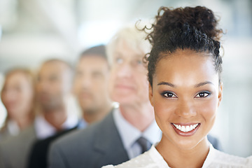 Image showing Happy business woman, portrait and leadership in management, teamwork or diversity at office. Face of corporate female leader smiling with diverse group, team or unity for company vision or growth