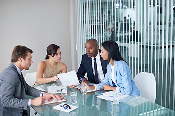 Image showing Teamwork, documents and business people in meeting in the office planning corporate project. Discussion, paperwork and professional employees working in collaboration in the workplace conference room