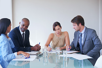 Image showing Discussion, writing and business people planning in a meeting in office brainstorming for corporate project. Communication, teamwork and professional employees working in collaboration in workplace.