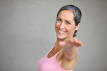 Image showing Senior woman, portrait and yoga pose with smile in studio with mockup space for health, balance and exercise on wall background. Face, meditation and mature lady happy with zen workout or training