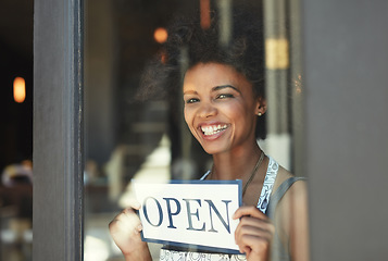 Image showing Open sign, cafe window or portrait of woman, small business owner or barista with coffee shop poster for welcome. Retail sales, restaurant or female person, entrepreneur or waitress for startup store