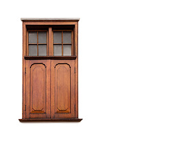 Image showing Door, wood and isolated home design in a studio with white background and architecture. Vintage, retro and woodwork of doors and window with frame and glass of shutter with mockup and wooden detail