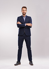 Image showing Full body portrait of business man, arms crossed with confidence isolated on studio background. Professional mindset, career success and mockup space with corporate male employee and leadership