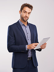 Image showing Business man with tablet in portrait, technology and communication for company isolated on studio background. Internet, connectivity and networking, professional male with tech and corporate career