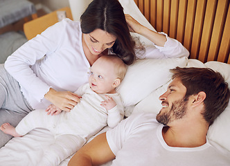 Image showing Top view of mom, dad and baby on bed for love, care and quality time together at home. Happy parents, family and newborn kid relax in bedroom with support, childhood development and smile for bonding