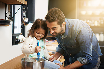 Image showing Cooking, food and father with daughter in kitchen for pancakes, bonding and learning. Breakfast, morning and helping with man and young girl in family home for baking, support and teaching nutrition