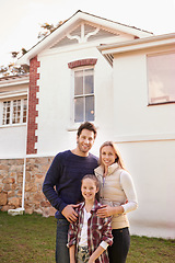 Image showing New home, portrait and happy family smile for house, real estate building and property purchase, investment sale and mortgage. Love, homeowner relocation and proud mom, dad and kid standing together