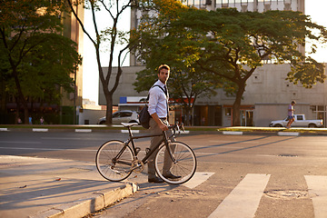 Image showing Crosswalk, bike and business man in city for morning, sustainable travel and carbon footprint. Cycling, transportation and urban with employee walking on commute for journey, transit and professional