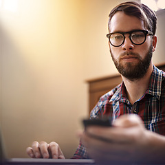 Image showing Search, phone and focus with man for communication, social media and contact mockup. Text message, internet and technology with male student and typing on mobile for connection, space and digital app