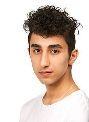 Image showing Fashion, youth and portrait of man in studio with confidence, attractive and pride on white background. Smile, confident and face of isolated handsome young male person with trendy casual clothes