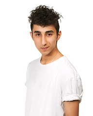 Image showing Fashion, confident and portrait of man in studio with confidence, attractive and pride on white background. Youth, smirk and face of isolated handsome young male person with trendy casual clothes