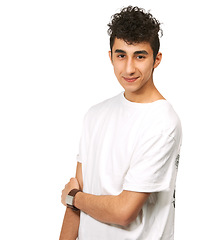 Image showing Fashion, smile and portrait of young man in studio with confidence, attractive and pride on white background. Happy, confident and face of isolated handsome male person with trendy casual clothes