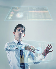 Image showing Business man, point and stock market on dashboard, holographic interface and planning trading strategy. Entrepreneur, businessman or futuristic graph with 3d hologram, finance or investment analysis