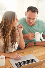 Image showing Happy couple, home and computer in online planning, digital review and check website or application for information. Mature partner, woman or people on laptop talking, coffee and reading on internet