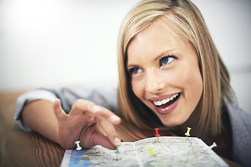 Image showing Map pin, face and happy woman, travel consultant or excited employee planning holiday location. Tourism agent, trip agency service and person smile for transport route plan, guide or vacation choice