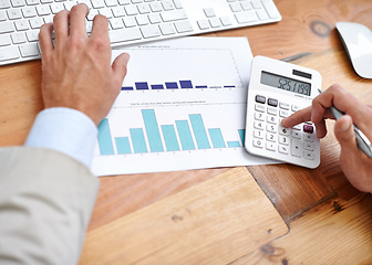 Image showing Hands, closeup and man with calculator, graphs and keyboard with a budget, worker and inflation. Male worker, employee or consultant with technology, planning and economy with investment or documents