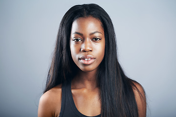 Image showing Model headshot, portrait and a confident black woman isolated on a studio background. Jamaica, posing and a young African girl with long hair for modeling profile with confidence on a backdrop