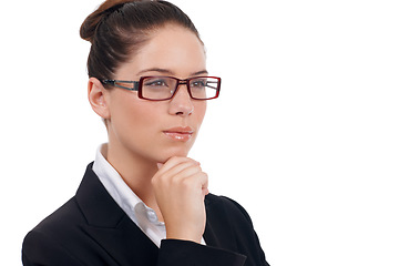 Image showing Thinking face, focus and business woman contemplate question, decision or choice over plan, ideas or strategy. Serious, studio planning sand female consultant agent isolated on white background