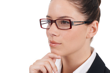 Image showing Thinking face, corporate and serious woman focus on question, choice or studio decision plan, ideas or strategy. Brainstorming, planning consultant and female agent isolated on white background