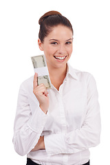 Image showing Portrait, dollars and happy woman with money, business revenue or cash bills for studio savings, budget or salary. Bonus, prize winner and person with financial success isolated on white background